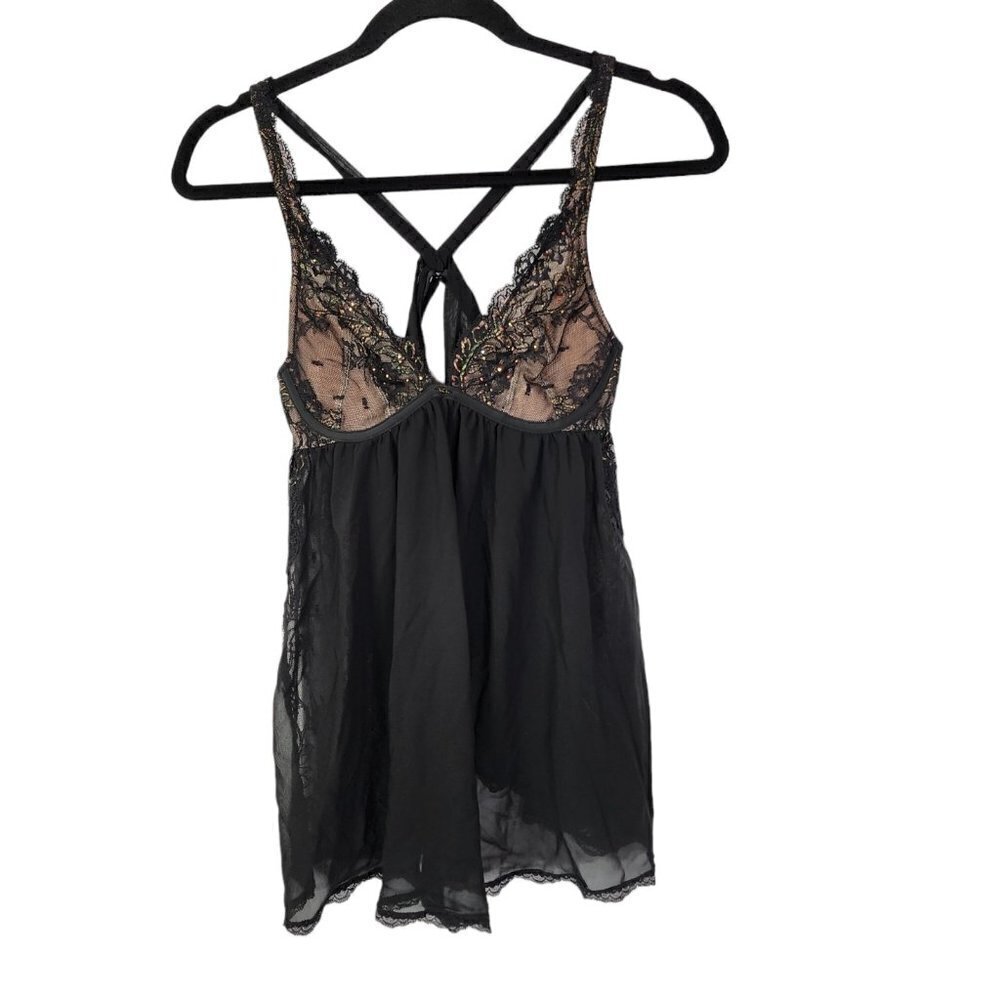 Victoria Secret Sexy Lingerie Babydoll Black Nude Rhineston Sheer Lace Dress 34B